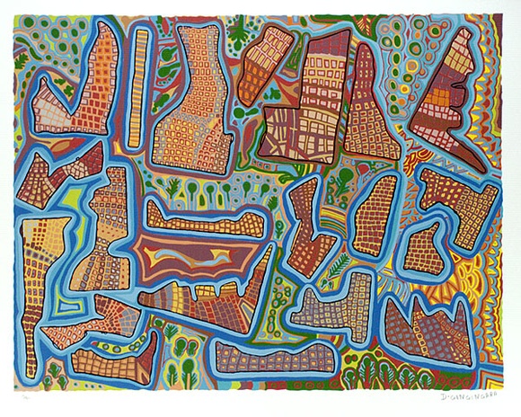 Artist: b'Gingingara, Doris.' | Title: b'Djunuwiny' | Technique: b'screenprint, printed in colour, from multiple stencils' Artist: b'Gingingara, Doris.' | Title: b'Djunuwiny' | Technique: b'screenprint, printed in colour, from multiple stencils'
