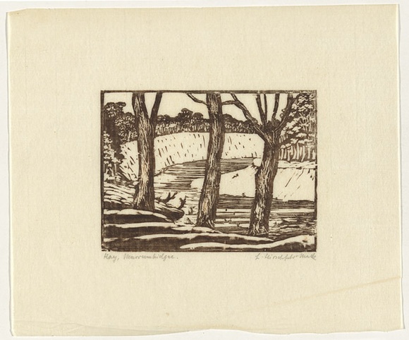 Artist: b'Hirschfeld Mack, Ludwig.' | Title: b'Hay, Murrumbidgee River landscape.' | Date: (1940-41) | Technique: b'woodcut, printed in colour, from multiple blocks' Artist: b'Hirschfeld Mack, Ludwig.' | Title: b'Hay, Murrumbidgee River landscape.' | Date: (1940-41) | Technique: b'woodcut, printed in colour, from multiple blocks'