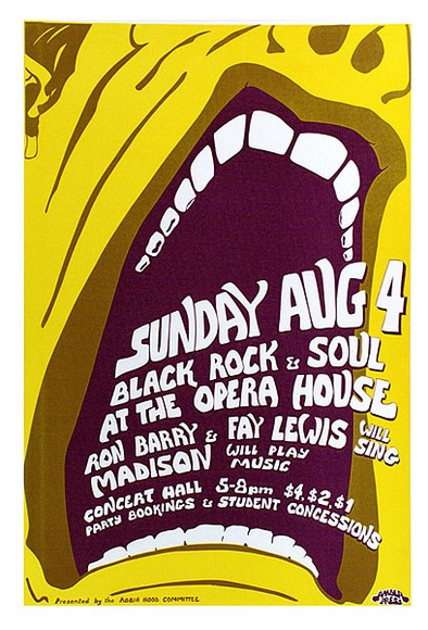 Artist: b'Bolzan, Rick.' | Title: b'Black rock & soul at the Opera House.' | Date: 1973 | Technique: b'screenprint' Artist: b'Bolzan, Rick.' | Title: b'Black rock & soul at the Opera House.' | Date: 1973 | Technique: b'screenprint'