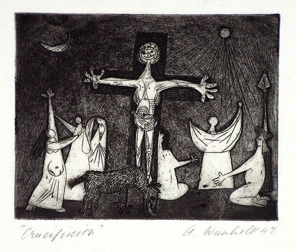 Artist: b'Wienholt, Anne.' | Title: b'Crucifixion' | Date: 1948 | Technique: b'engraving and aquatint, printed in black ink, from one copper plate' Artist: b'Wienholt, Anne.' | Title: b'Crucifixion' | Date: 1948 | Technique: b'engraving and aquatint, printed in black ink, from one copper plate'