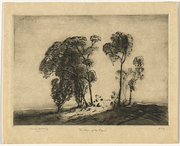 Artist: b'LINDSAY, Lionel' | Title: b'The edge of the plain, NSW' | Date: 1918 | Technique: b'drypoint, printed in black ink with plate-tone with wiped hightlights, from one plate' | Copyright: b'Courtesy of the National Library of Australia' Artist: b'LINDSAY, Lionel' | Title: b'The edge of the plain, NSW' | Date: 1918 | Technique: b'drypoint, printed in black ink with plate-tone with wiped hightlights, from one plate' | Copyright: b'Courtesy of the National Library of Australia'