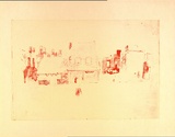 Artist: MACQUEEN, Mary | Title: Street scene, Carlton | Date: 1959 | Technique: lithograph, printed in red ink, from one plate | Copyright: Courtesy Paulette Calhoun, for the estate of Mary Macqueen