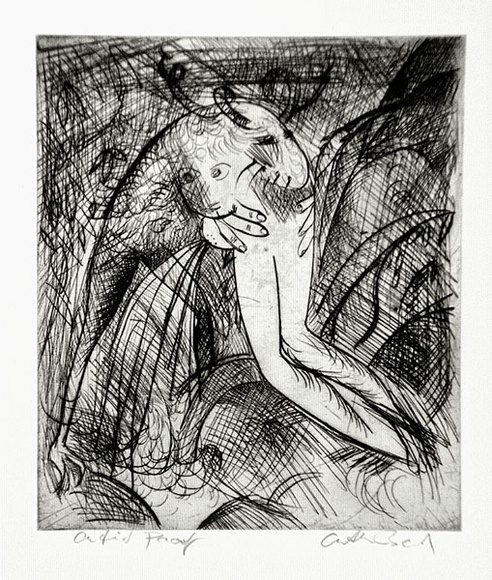 Artist: b'BOYD, Arthur' | Title: b'Nude with beast.' | Date: (1962-63) | Technique: b'etching and drypoint, printed in black ink, from one plate' | Copyright: b'Reproduced with permission of Bundanon Trust' Artist: b'BOYD, Arthur' | Title: b'Nude with beast.' | Date: (1962-63) | Technique: b'etching and drypoint, printed in black ink, from one plate' | Copyright: b'Reproduced with permission of Bundanon Trust'