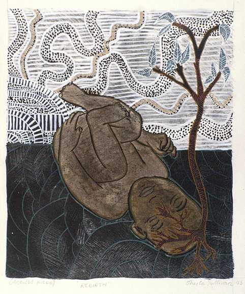Artist: b'Sullivan, Thecla.' | Title: b'Rebirth' | Date: 1993 | Technique: b'lithograph, printed in black ink, from one stone; hand-coloured' Artist: b'Sullivan, Thecla.' | Title: b'Rebirth' | Date: 1993 | Technique: b'lithograph, printed in black ink, from one stone; hand-coloured'