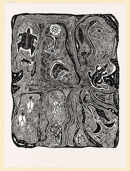 Artist: b'Gilbert, Kevin.' | Title: b'Lineal legends' | Date: 1965 | Technique: b'linocut, printed in black ink, from one block' Artist: b'Gilbert, Kevin.' | Title: b'Lineal legends' | Date: 1965 | Technique: b'linocut, printed in black ink, from one block'