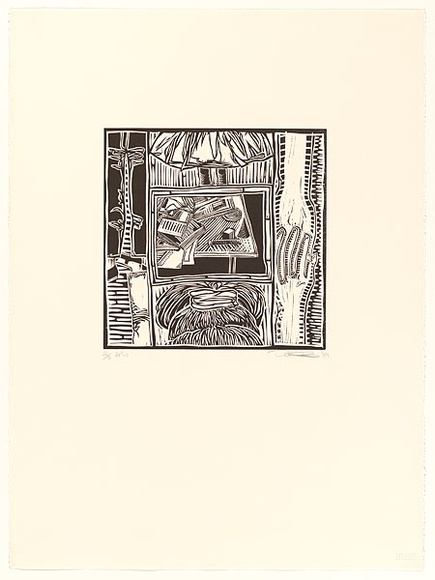 Artist: b'Burchill, Tracey.' | Title: bnot titled (top of girl's head, two hands and a pile of books) | Date: 1989, August | Technique: b'linocut, printed in black ink, from one block' Artist: b'Burchill, Tracey.' | Title: bnot titled (top of girl's head, two hands and a pile of books) | Date: 1989, August | Technique: b'linocut, printed in black ink, from one block'