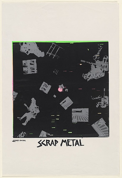Artist: b'UNKNOWN (UNIVERSITY OF QUEENSLAND STUDENT WORKSHOP)' | Title: b'Scrap Metal' | Date: c.1980 | Technique: b'screenprint, printed in colour, from multiple stencils' Artist: b'UNKNOWN (UNIVERSITY OF QUEENSLAND STUDENT WORKSHOP)' | Title: b'Scrap Metal' | Date: c.1980 | Technique: b'screenprint, printed in colour, from multiple stencils'