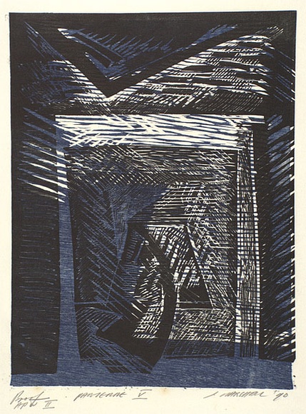 Artist: b'Marshall, Jennifer.' | Title: b'Parterre V' | Date: 1990 | Technique: b'woodcut and linocut, printed black and blue ink, from two blocks' Artist: b'Marshall, Jennifer.' | Title: b'Parterre V' | Date: 1990 | Technique: b'woodcut and linocut, printed black and blue ink, from two blocks'