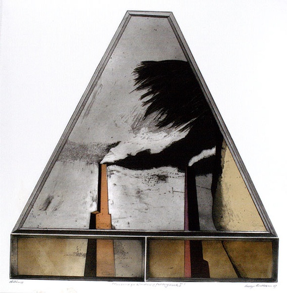 Artist: b'BALDESSIN, George' | Title: b'Personage, window and factory smoke II.' | Date: 1967 | Technique: b'colour etching and aquatint' Artist: b'BALDESSIN, George' | Title: b'Personage, window and factory smoke II.' | Date: 1967 | Technique: b'colour etching and aquatint'