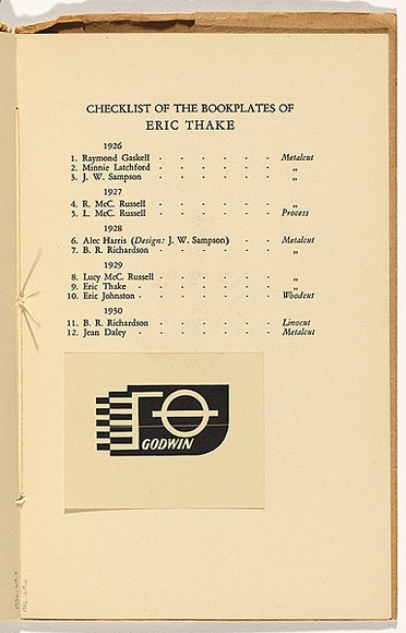 Artist: b'Thake, Eric.' | Title: b'Bookplate: George Godwin.' | Date: 1935 | Technique: b'wood-engraving, printed in black ink, from one block' Artist: b'Thake, Eric.' | Title: b'Bookplate: George Godwin.' | Date: 1935 | Technique: b'wood-engraving, printed in black ink, from one block'