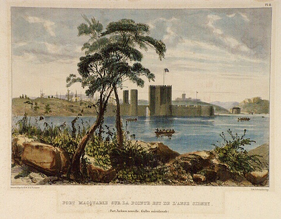 Title: bFort Macquarie sur la Pointe est de l'Anse, Sidney. | Date: 1837 | Technique: b'lithograph, printed in black ink, from one stone; hand-coloured' Title: bFort Macquarie sur la Pointe est de l'Anse, Sidney. | Date: 1837 | Technique: b'lithograph, printed in black ink, from one stone; hand-coloured'