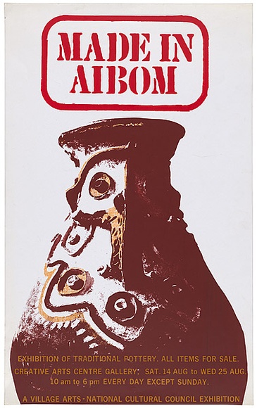 Artist: b'UNKNOWN ARTIST,' | Title: b'Made in Aibom. Exhibition of traditional pottery.' | Date: 1970s | Technique: b'screenprint, printed in colour ink, from multiple screens' Artist: b'UNKNOWN ARTIST,' | Title: b'Made in Aibom. Exhibition of traditional pottery.' | Date: 1970s | Technique: b'screenprint, printed in colour ink, from multiple screens'