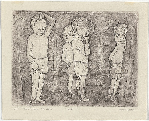 Artist: b'Rooney, Robert.' | Title: b'Stand' | Date: 1956 | Technique: b'soft-ground etching and aquatint, printed in warm black ink, from one plate' | Copyright: b'\xc2\xa9 the artist' Artist: b'Rooney, Robert.' | Title: b'Stand' | Date: 1956 | Technique: b'soft-ground etching and aquatint, printed in warm black ink, from one plate' | Copyright: b'\xc2\xa9 the artist'