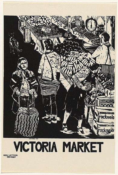 Artist: b'Reidy, Chris' | Title: b'Victoria Market' | Date: 1984 | Technique: b'screenprint, printed in black ink, from one stencil' Artist: b'Reidy, Chris' | Title: b'Victoria Market' | Date: 1984 | Technique: b'screenprint, printed in black ink, from one stencil'