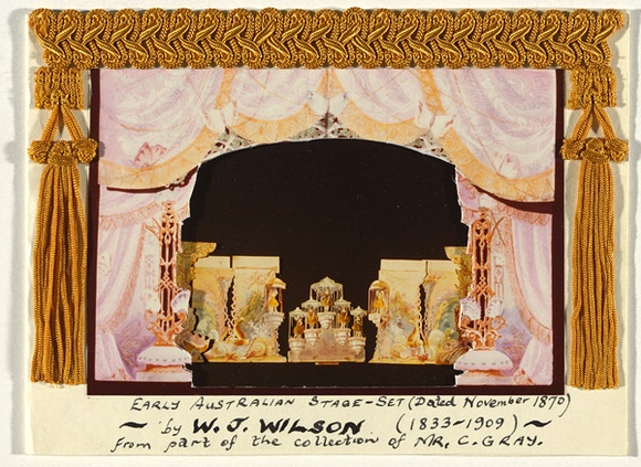 Artist: b'Gray, Colin.' | Title: b'Greeting card: Christams, Early Australian stage set by W.J. Wilson' | Technique: b'colour photograph, gold gimp and braid' Artist: b'Gray, Colin.' | Title: b'Greeting card: Christams, Early Australian stage set by W.J. Wilson' | Technique: b'colour photograph, gold gimp and braid'