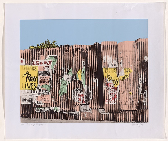 Artist: b'HARVEY, Geoffrey' | Title: b'City sign language' | Date: 1979 | Technique: b'screenprint, printed in colour, from one photo and four handcut stencils' Artist: b'HARVEY, Geoffrey' | Title: b'City sign language' | Date: 1979 | Technique: b'screenprint, printed in colour, from one photo and four handcut stencils'
