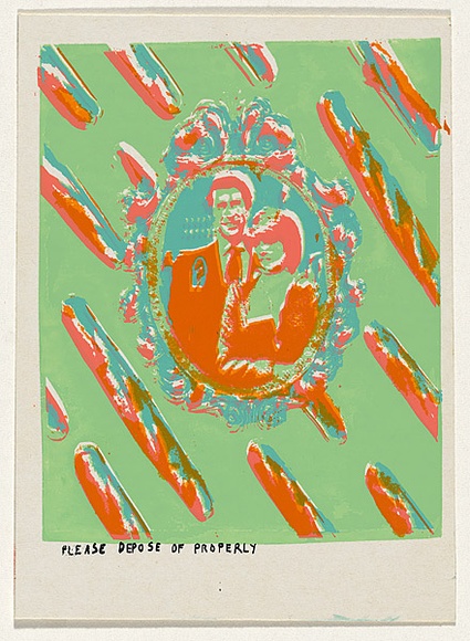 Artist: b'Megalo Screenprinting Collective.' | Title: b'Please depose of properly' | Date: 1981 | Technique: b'screenprint, printed in colour, from four stencils' Artist: b'Megalo Screenprinting Collective.' | Title: b'Please depose of properly' | Date: 1981 | Technique: b'screenprint, printed in colour, from four stencils'