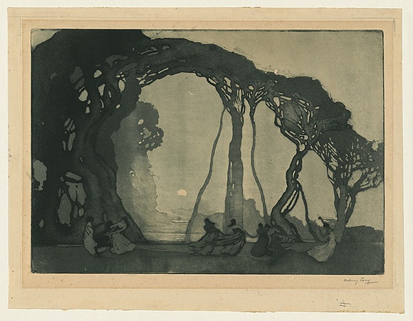 Artist: b'Long, Sydney.' | Title: b'Fantasy' | Date: 1919 | Technique: b'aquatint and drypoint, printed in green ink with plate-tone, from one copper plate' | Copyright: b'Reproduced with the kind permission of the Ophthalmic Research Institute of Australia' Artist: b'Long, Sydney.' | Title: b'Fantasy' | Date: 1919 | Technique: b'aquatint and drypoint, printed in green ink with plate-tone, from one copper plate' | Copyright: b'Reproduced with the kind permission of the Ophthalmic Research Institute of Australia'