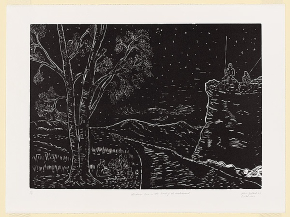 Artist: b'Gilbert, Kevin.' | Title: b'Christmas eve in the land of the dispossessed' | Date: 1969 | Technique: b'linocut, printed in black ink, from one block' Artist: b'Gilbert, Kevin.' | Title: b'Christmas eve in the land of the dispossessed' | Date: 1969 | Technique: b'linocut, printed in black ink, from one block'