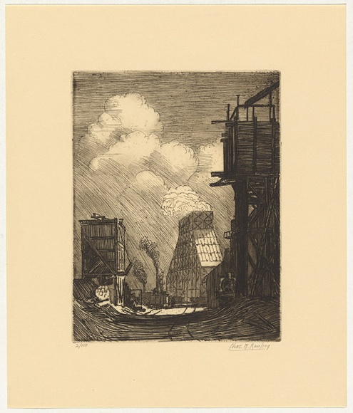 Artist: b'Rawling, Charles W.' | Title: b'The cooling tower' | Date: 1925 | Technique: b'etching and foul biting, printed in black ink with plate-tone, from one plate' Artist: b'Rawling, Charles W.' | Title: b'The cooling tower' | Date: 1925 | Technique: b'etching and foul biting, printed in black ink with plate-tone, from one plate'