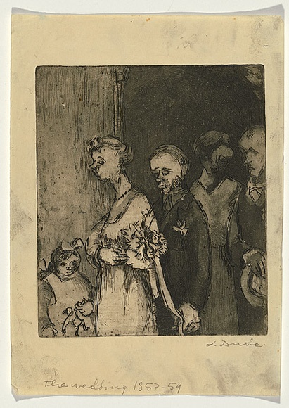 Artist: b'Groblicka, Lidia.' | Title: b'The wedding' | Date: 1953-54 | Technique: b'etching and aquatint, printed in black ink, from one plate' Artist: b'Groblicka, Lidia.' | Title: b'The wedding' | Date: 1953-54 | Technique: b'etching and aquatint, printed in black ink, from one plate'
