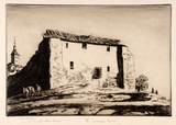 Artist: LINDSAY, Lionel | Title: The Matadero, Segovia | Date: 1926 | Technique: drypoint, printed in brown ink with plate-tone, from one plate | Copyright: Courtesy of the National Library of Australia