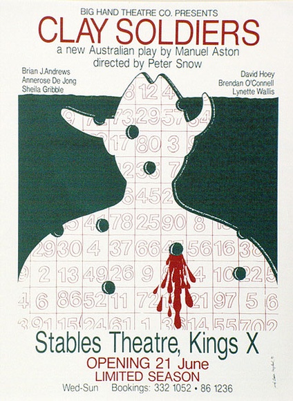 Artist: b'Stejskal, Josef Lada.' | Title: b'Big Hand Theatre Co. presents Clay Soldiers a new play by Manuel Aston directed by Peter Snow ... Stables Theatre' | Date: 1990 | Technique: b'screenprint' Artist: b'Stejskal, Josef Lada.' | Title: b'Big Hand Theatre Co. presents Clay Soldiers a new play by Manuel Aston directed by Peter Snow ... Stables Theatre' | Date: 1990 | Technique: b'screenprint'