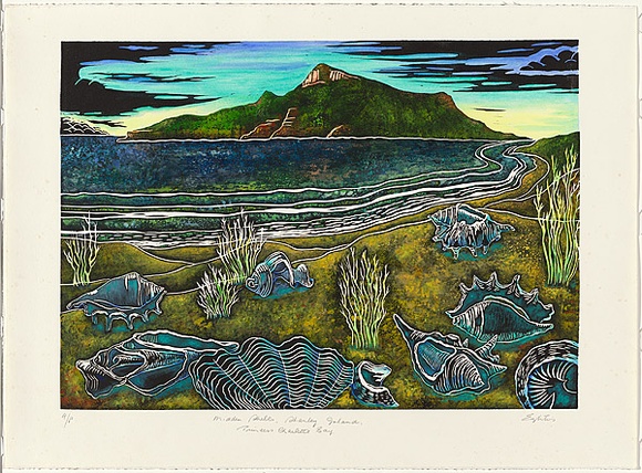 Title: b'Midden shells, Stanley Island, Princess Charlotte bay' | Technique: b'linocut, printed in black ink from one block; hand-coloured' Title: b'Midden shells, Stanley Island, Princess Charlotte bay' | Technique: b'linocut, printed in black ink from one block; hand-coloured'