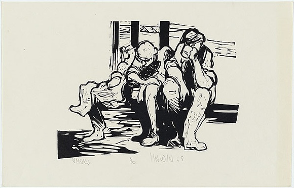 Artist: b'Lincoln, Kevin.' | Title: b'Smoko' | Date: 1965 | Technique: b'linocut, printed in black ink, from one block' | Copyright: b'\xc2\xa9 Kevin Lincoln. Licensed by VISCOPY, Australia' Artist: b'Lincoln, Kevin.' | Title: b'Smoko' | Date: 1965 | Technique: b'linocut, printed in black ink, from one block' | Copyright: b'\xc2\xa9 Kevin Lincoln. Licensed by VISCOPY, Australia'