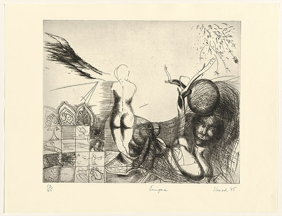 Artist: b'Shead, Garry.' | Title: b'Enigma' | Date: 1975 | Technique: b'etching, printed in black ink, from one plate' | Copyright: b'\xc2\xa9 Garry Shead' Artist: b'Shead, Garry.' | Title: b'Enigma' | Date: 1975 | Technique: b'etching, printed in black ink, from one plate' | Copyright: b'\xc2\xa9 Garry Shead'