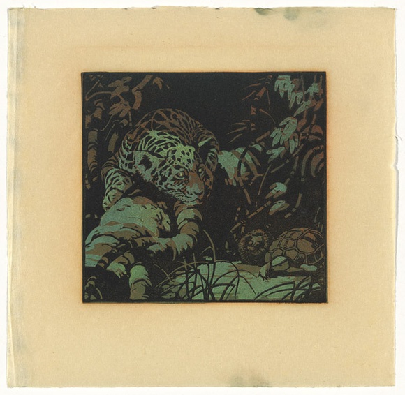 Artist: b'Nimmo, Lorna.' | Title: b'One moonlight night on the banks of the turbid Amazon, Painted Jaguar found Stickly, Prickly Hedgehog and Slow and Solid Tortoise under the branch of a fallen tree' | Date: 1939 | Technique: b'linocut, printed in five colour from three blocks,' Artist: b'Nimmo, Lorna.' | Title: b'One moonlight night on the banks of the turbid Amazon, Painted Jaguar found Stickly, Prickly Hedgehog and Slow and Solid Tortoise under the branch of a fallen tree' | Date: 1939 | Technique: b'linocut, printed in five colour from three blocks,'