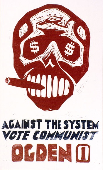 Artist: b'Counihan, Noel.' | Title: b'Election poster: (red skull).' | Date: 1972 | Technique: b'linocut, printed in red ink, from one block' Artist: b'Counihan, Noel.' | Title: b'Election poster: (red skull).' | Date: 1972 | Technique: b'linocut, printed in red ink, from one block'