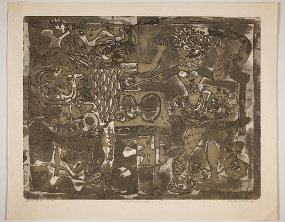 Artist: b'Haxton, Elaine' | Title: b'Commedia del arte' | Date: 1968 | Technique: b'open-bite etching and aquatint printed in grey ink; sprinkled with gold dust' Artist: b'Haxton, Elaine' | Title: b'Commedia del arte' | Date: 1968 | Technique: b'open-bite etching and aquatint printed in grey ink; sprinkled with gold dust'