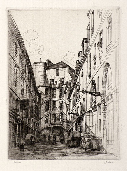 Artist: b'Scott, Eric.' | Title: b'Cour du Dragon' | Date: c.1939 | Technique: b'etching, printed in black ink, from one plate' Artist: b'Scott, Eric.' | Title: b'Cour du Dragon' | Date: c.1939 | Technique: b'etching, printed in black ink, from one plate'