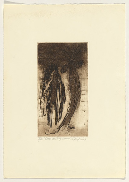 Artist: b'Lempriere, Helen' | Title: b'Bimi creating woman' | Date: 1960s | Technique: b'etching and aquatint, printed in black ink with plate-tone, from one plate' Artist: b'Lempriere, Helen' | Title: b'Bimi creating woman' | Date: 1960s | Technique: b'etching and aquatint, printed in black ink with plate-tone, from one plate'