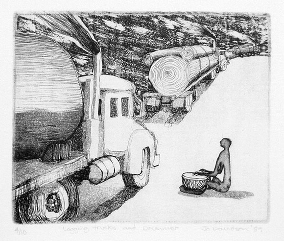 Artist: b'Davidson, Jo.' | Title: b'Logging Trucks and Drummer.' | Date: 1989 | Technique: b'etching, printed in black ink, from one plate' | Copyright: b'\xc2\xa9 Jo Davidson. Licensed by VISCOPY, Australia' Artist: b'Davidson, Jo.' | Title: b'Logging Trucks and Drummer.' | Date: 1989 | Technique: b'etching, printed in black ink, from one plate' | Copyright: b'\xc2\xa9 Jo Davidson. Licensed by VISCOPY, Australia'
