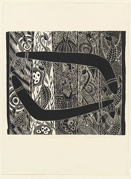 Artist: b'Cummins, Joseph.' | Title: b'Boomerang eclipse.' | Date: c.1998 | Technique: b'linocut, printed in black ink, from one block' Artist: b'Cummins, Joseph.' | Title: b'Boomerang eclipse.' | Date: c.1998 | Technique: b'linocut, printed in black ink, from one block'