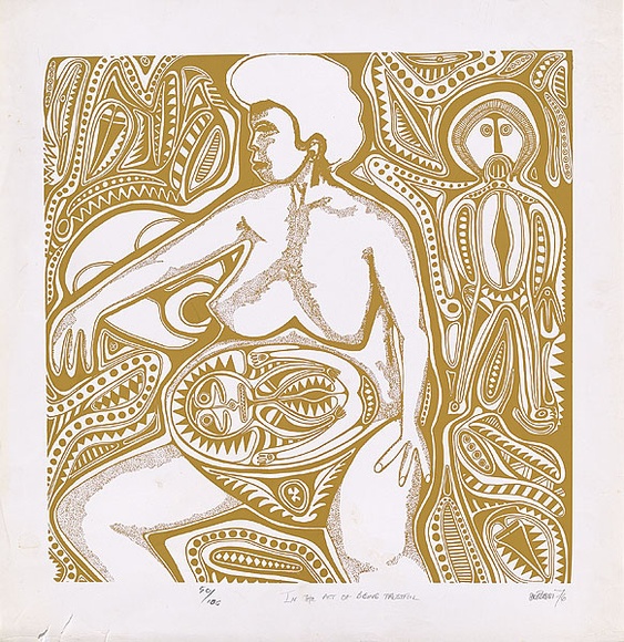 Artist: b'Lasisi, David.' | Title: b'In the act of being trustful' | Date: 1976 | Technique: b'screenprint, printed in yellow/brown, from one screen' Artist: b'Lasisi, David.' | Title: b'In the act of being trustful' | Date: 1976 | Technique: b'screenprint, printed in yellow/brown, from one screen'