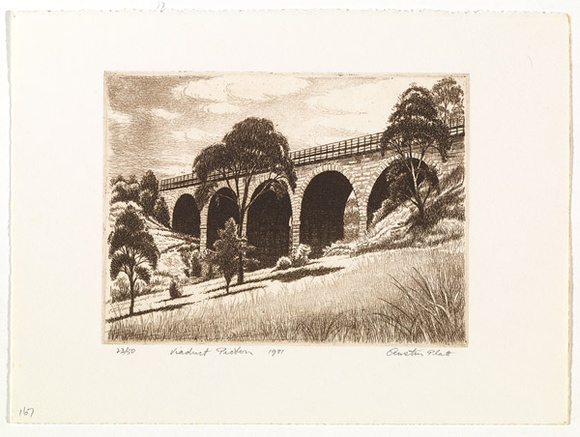 Artist: b'PLATT, Austin' | Title: b'Viaduct, Picton' | Date: 1981 | Technique: b'etching, printed in black ink, from one plate' Artist: b'PLATT, Austin' | Title: b'Viaduct, Picton' | Date: 1981 | Technique: b'etching, printed in black ink, from one plate'