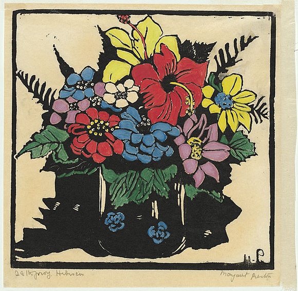 Artist: b'PRESTON, Margaret' | Title: b'Hibiscus' | Date: 1925 | Technique: b'woodcut, printed in black ink, from one block; hand-coloured' | Copyright: b'\xc2\xa9 Margaret Preston. Licensed by VISCOPY, Australia' Artist: b'PRESTON, Margaret' | Title: b'Hibiscus' | Date: 1925 | Technique: b'woodcut, printed in black ink, from one block; hand-coloured' | Copyright: b'\xc2\xa9 Margaret Preston. Licensed by VISCOPY, Australia'