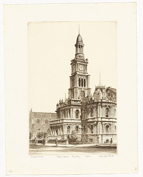 Artist: b'PLATT, Austin' | Title: b'Town Hall, Sydney' | Date: 1945 | Technique: b'etching, printed in black ink, from one plate' Artist: b'PLATT, Austin' | Title: b'Town Hall, Sydney' | Date: 1945 | Technique: b'etching, printed in black ink, from one plate'