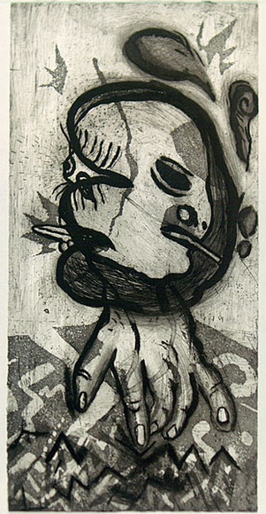 Artist: b'Uhlmann, Paul.' | Title: b'Real smoke from the mouths of men (right)' | Date: 1987 | Technique: b'drypoint and etching, printed in black ink, from one plate' Artist: b'Uhlmann, Paul.' | Title: b'Real smoke from the mouths of men (right)' | Date: 1987 | Technique: b'drypoint and etching, printed in black ink, from one plate'