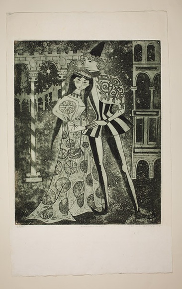 Artist: b'Haxton, Elaine' | Title: b'Romeo and Juliet' | Date: 1975 | Technique: b'etching and aquatint, printed in green ink, from two plates' Artist: b'Haxton, Elaine' | Title: b'Romeo and Juliet' | Date: 1975 | Technique: b'etching and aquatint, printed in green ink, from two plates'