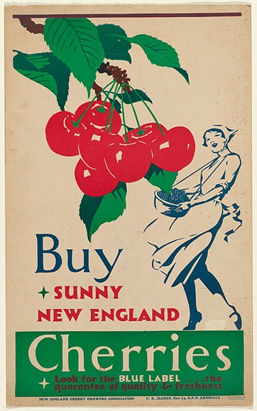 Title: b'Buy sunny New England cherries.' | Date: c.1925 | Technique: b'lithograph, printed in colour, from multiple plates' | Copyright: b'\xc2\xa9 A.M. Annand' Title: b'Buy sunny New England cherries.' | Date: c.1925 | Technique: b'lithograph, printed in colour, from multiple plates' | Copyright: b'\xc2\xa9 A.M. Annand'