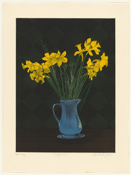 Artist: b'GRIFFITH, Pamela' | Title: b'Daffodils.' | Date: 1986 | Technique: b'hardground-etching and aquatint, printed in colour, from three zinc plates' | Copyright: b'\xc2\xa9 Pamela Griffith' Artist: b'GRIFFITH, Pamela' | Title: b'Daffodils.' | Date: 1986 | Technique: b'hardground-etching and aquatint, printed in colour, from three zinc plates' | Copyright: b'\xc2\xa9 Pamela Griffith'