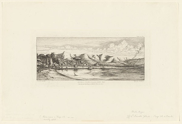 Artist: b'Meryon, Charles.' | Title: bNouvelle Z\xc3\xa9land, Presqu'\xc3\xaele de Banks, 1845, Pointe dite des Charbonniers, \xc3\xa0 Akaroa, P\xc3\xaache a la seine (New Zealand, Banks Peninsula, 1845, Charcoal Burners' Point, at Akaroa, Seine-net fishing) | Date: 1863 | Technique: b'etching, printed in warm black ink, from one plate' Artist: b'Meryon, Charles.' | Title: bNouvelle Z\xc3\xa9land, Presqu'\xc3\xaele de Banks, 1845, Pointe dite des Charbonniers, \xc3\xa0 Akaroa, P\xc3\xaache a la seine (New Zealand, Banks Peninsula, 1845, Charcoal Burners' Point, at Akaroa, Seine-net fishing) | Date: 1863 | Technique: b'etching, printed in warm black ink, from one plate'