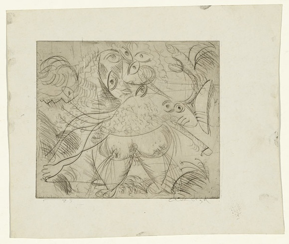 Artist: b'BOYD, Arthur' | Title: b'Figure with eyes and ram.' | Date: (1962-63) | Technique: b'drypoint, printed in black ink, from one plate' | Copyright: b'Reproduced with permission of Bundanon Trust' Artist: b'BOYD, Arthur' | Title: b'Figure with eyes and ram.' | Date: (1962-63) | Technique: b'drypoint, printed in black ink, from one plate' | Copyright: b'Reproduced with permission of Bundanon Trust'