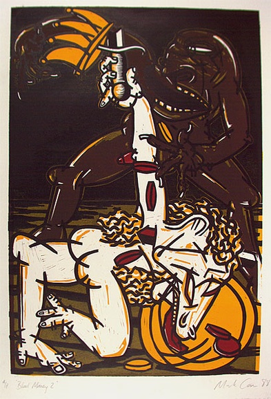 Artist: b'Carr, Mark.' | Title: b'Blood money 2' | Date: 1988 | Technique: b'linocut, printed in colour, from multiple blocks' Artist: b'Carr, Mark.' | Title: b'Blood money 2' | Date: 1988 | Technique: b'linocut, printed in colour, from multiple blocks'