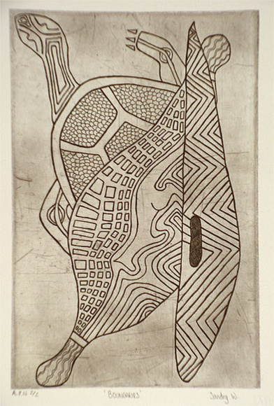 Artist: b'Walsh, Sandry.' | Title: b'Boundaries' | Date: 1999, April | Technique: b'etching, printed in black ink, from one plate' Artist: b'Walsh, Sandry.' | Title: b'Boundaries' | Date: 1999, April | Technique: b'etching, printed in black ink, from one plate'