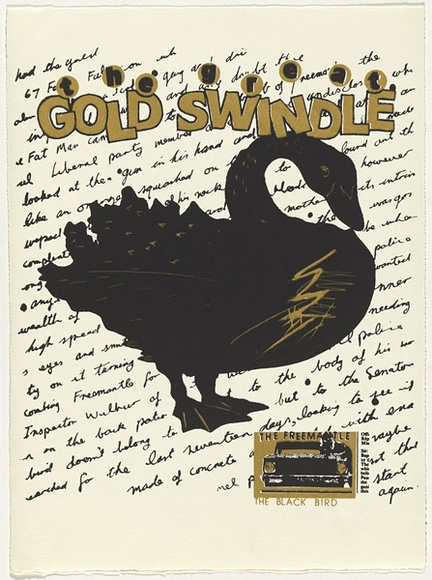 Artist: b'WORSTEAD, Paul' | Title: b'The great gold swindle' | Date: 1983 | Technique: b'screenprint, printed in colour, from two stencils' | Copyright: b'This work appears on screen courtesy of the artist' Artist: b'WORSTEAD, Paul' | Title: b'The great gold swindle' | Date: 1983 | Technique: b'screenprint, printed in colour, from two stencils' | Copyright: b'This work appears on screen courtesy of the artist'
